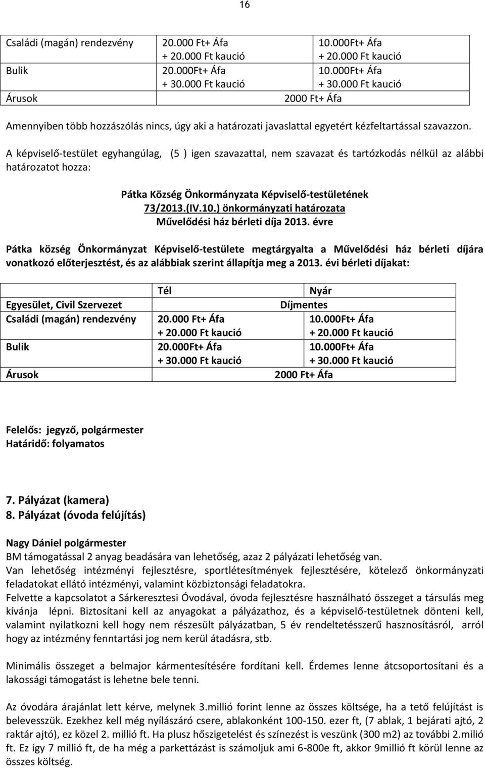 A képviselő-testület egyhangúlag, (5 ) igen szavazattal, nem szavazat és tartózkodás nélkül az alábbi 73/2013.(IV.10.) önkormányzati határozata Művelődési ház bérleti díja 2013.