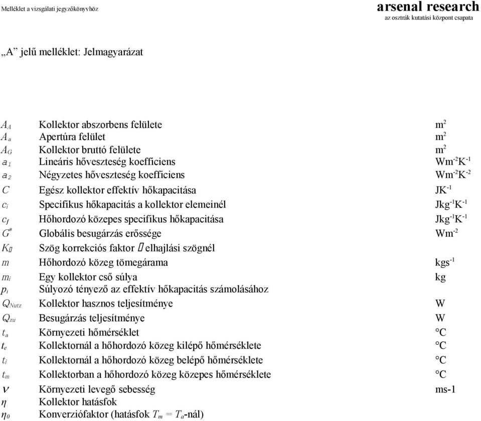 kollektor elemeinél Jkg -1 K -1 c ƒ Hőhordozó közepes specifikus hőkapacitása Jkg -1 K -1 G * Globális besugárzás erőssége Wm -2 K Szög korrekciós faktor elhajlási szögnél m Hőhordozó közeg