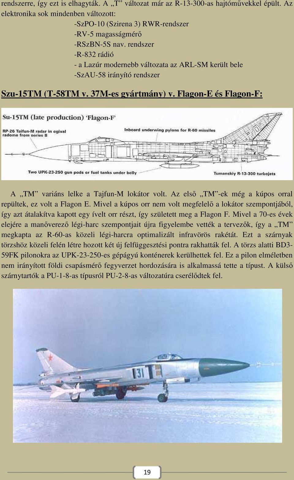 Flagon-E és Flagon-F: A TM variáns lelke a Tajfun-M lokátor volt. Az első TM -ek még a kúpos orral repültek, ez volt a Flagon E.