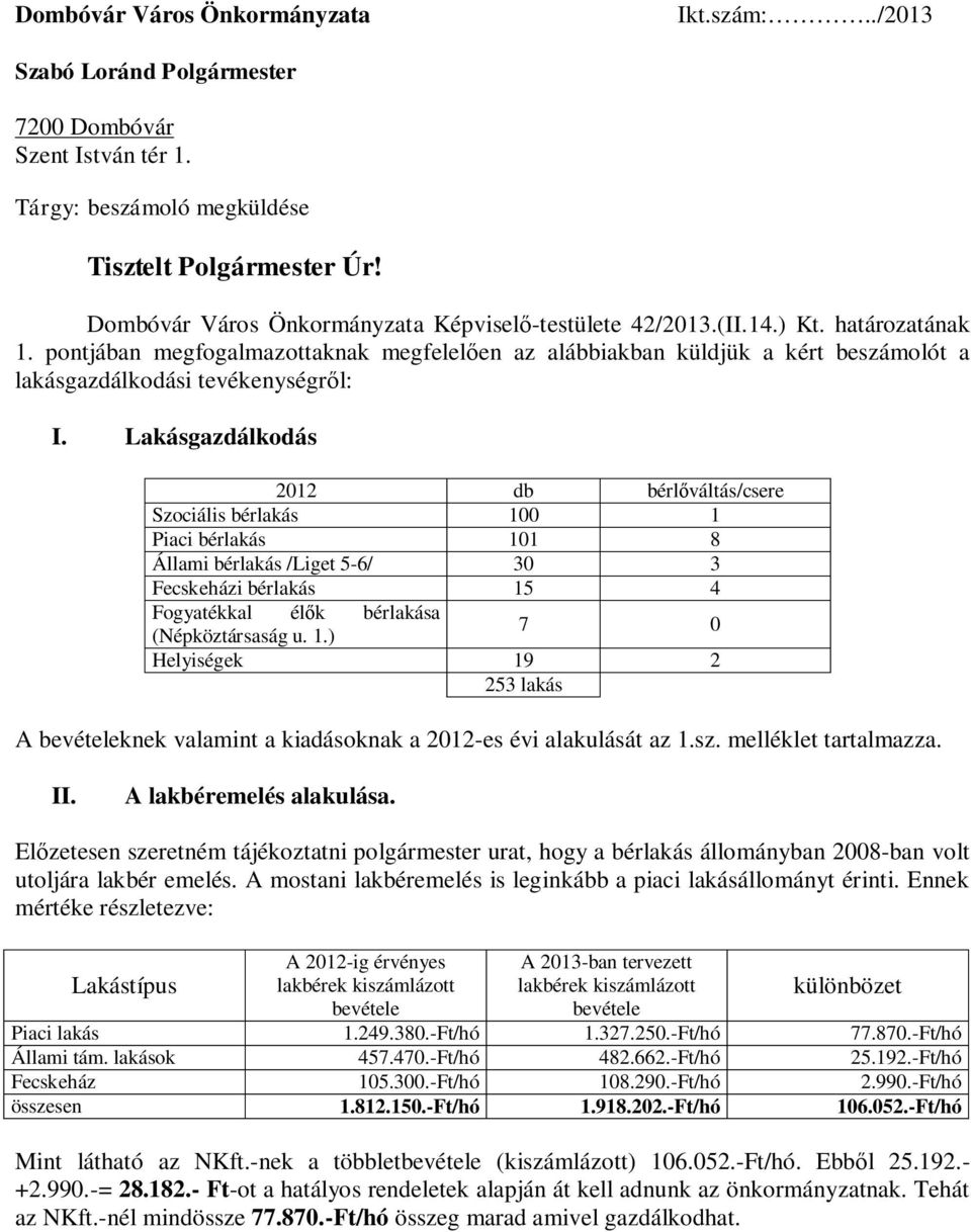 pontjában megfogalmazottaknak megfelelően az alábbiakban küldjük a kért beszámolót a lakásgazdálkodási tevékenységről: I.