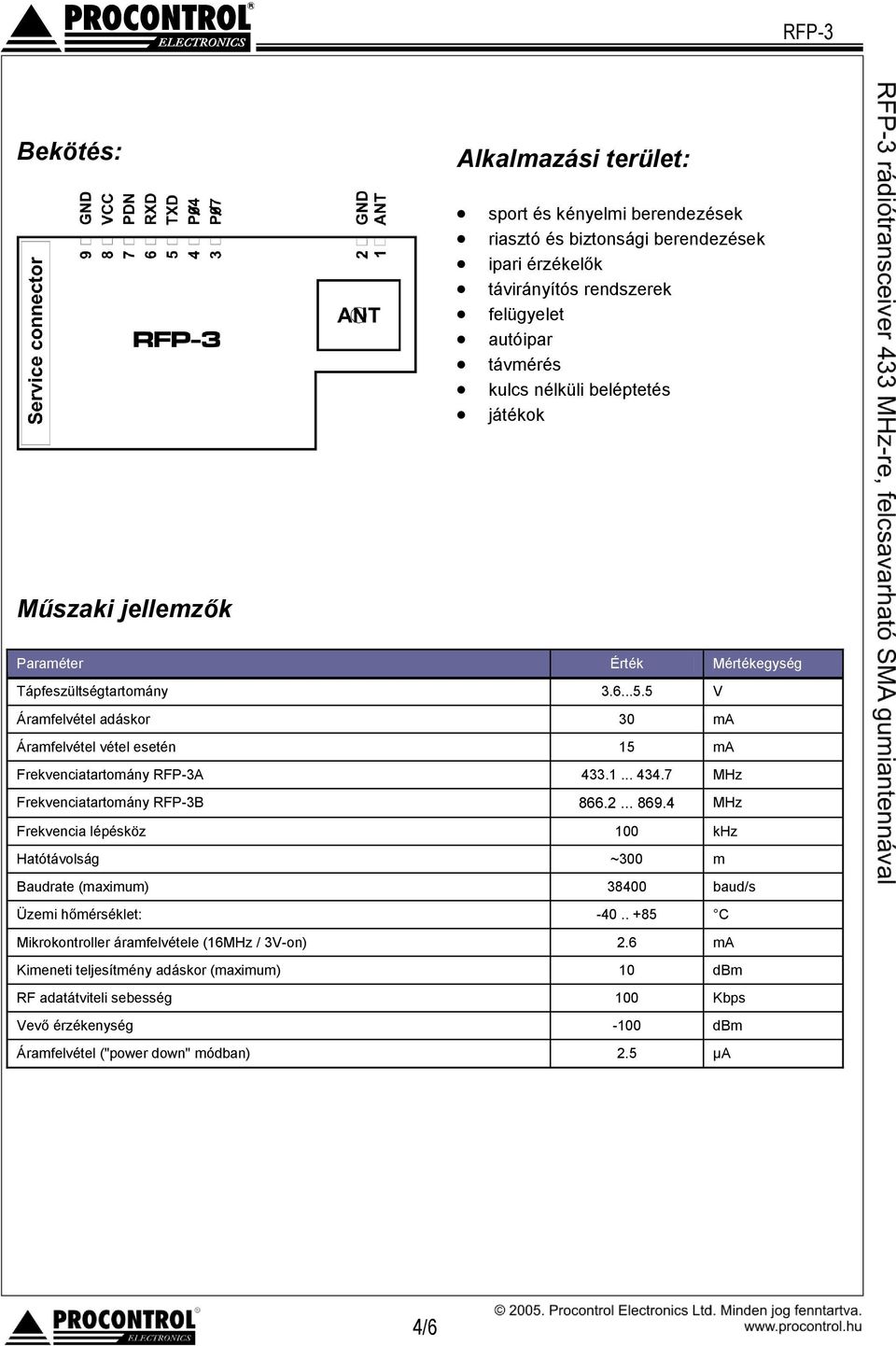 5 V Áramfelvétel adáskor 30 ma Áramfelvétel vétel esetén 15 ma Frekvenciatartomány RFP-3A 433.1... 434.7 MHz Frekvenciatartomány RFP-3B 866.2... 869.