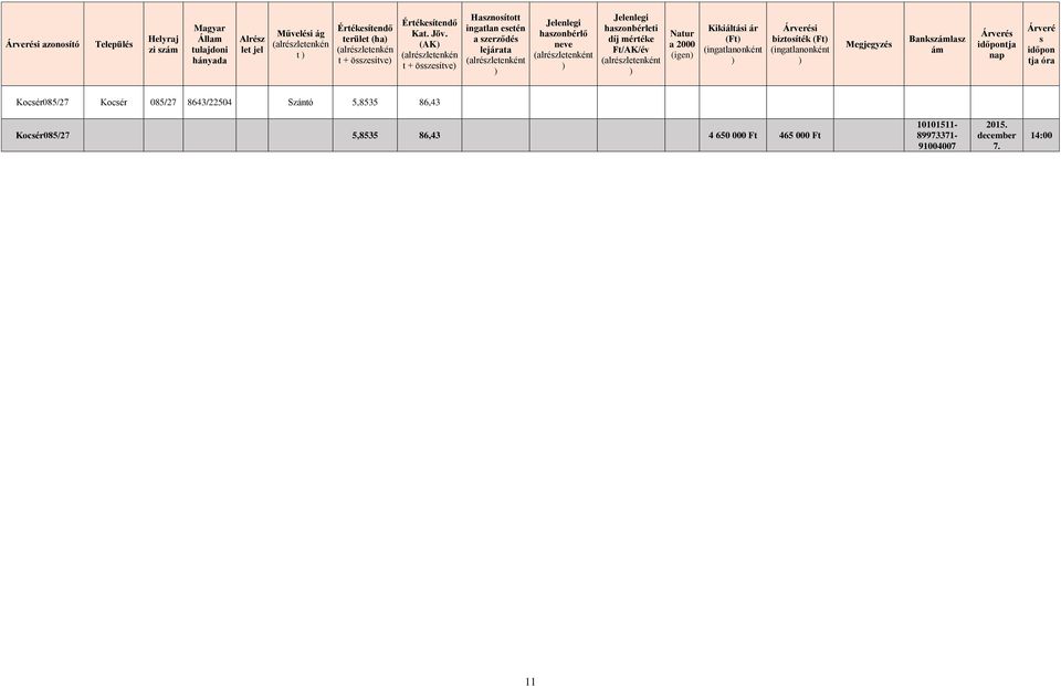 (AK t + összesítve Hasznosított ingatlan esetén a szerződés lejárata t Jelenlegi haszonbérlő neve t Jelenlegi haszonbérleti díj mértéke Ft/AK/év t Natur a