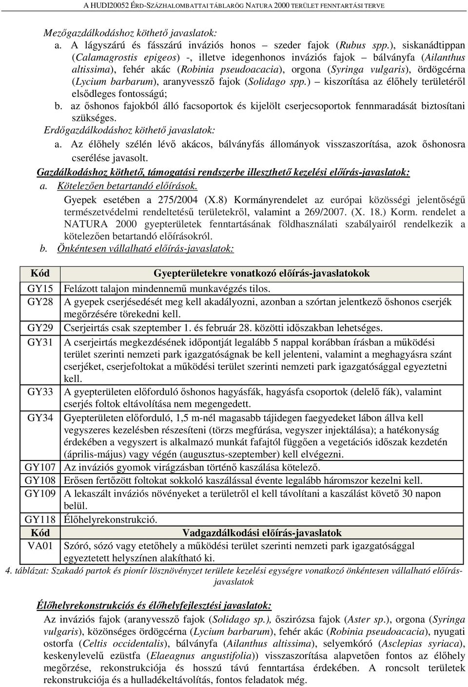 barbarum), aranyvessző fajok (Solidago spp.) kiszorítása az élőhely területéről elsődleges fontosságú; b.