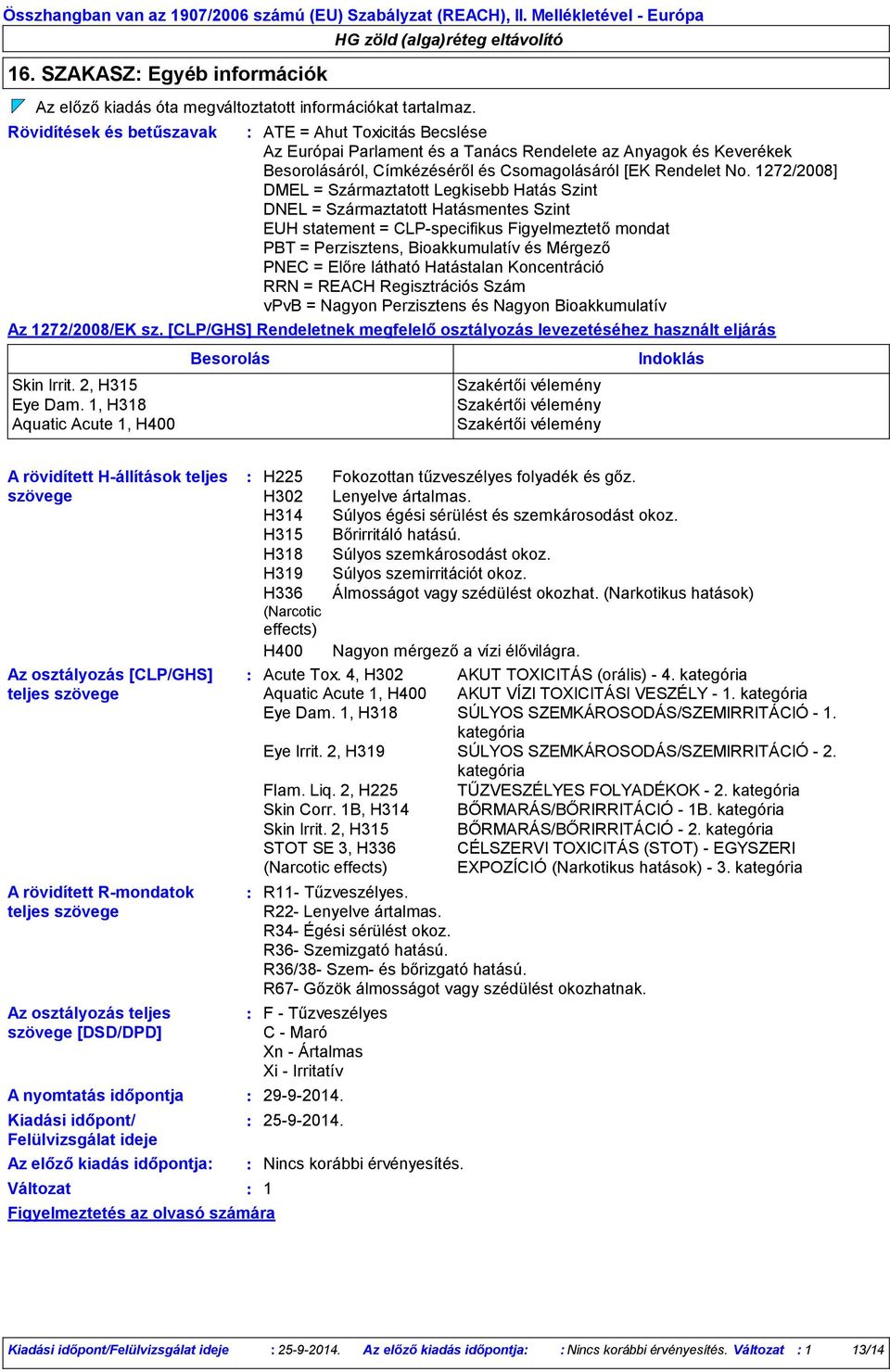 1272/2008] DMEL = Származtatott Legkisebb Hatás Szint DNEL = Származtatott Hatásmentes Szint EUH statement = CLP-specifikus Figyelmeztető mondat PBT = Perzisztens, Bioakkumulatív és Mérgező PNEC =