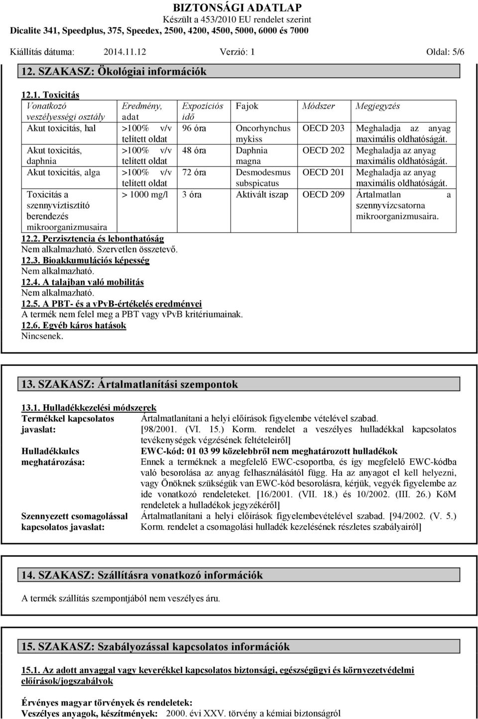 daphnia telített oldat Akut toxicitás, alga >100% v/v Toxicitás a szennyvíztisztító berendezés mikroorganizmusaira Expozíciós idő Fajok Módszer Megjegyzés 96 óra Oncorhynchus OECD 203 Meghaladja az