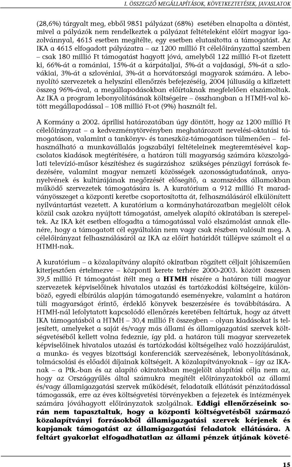Az IKA a 4615 elfogadott pályázatra az 1200 millió Ft célelőirányzattal szemben csak 180 millió Ft támogatást hagyott jóvá, amelyből 122 millió Ft-ot fizetett ki, 66%-át a romániai, 15%-át a