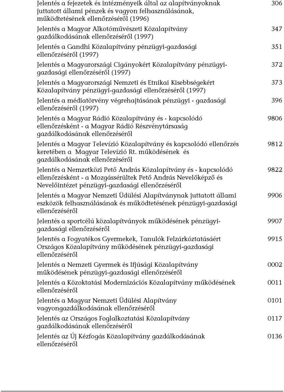 (1997) Jelentés a Magyarországi Nemzeti és Etnikai Kisebbségekért Közalapítvány pénzügyi-gazdasági ellenőrzéséről (1997) Jelentés a médiatörvény végrehajtásának pénzügyi - gazdasági ellenőrzéséről