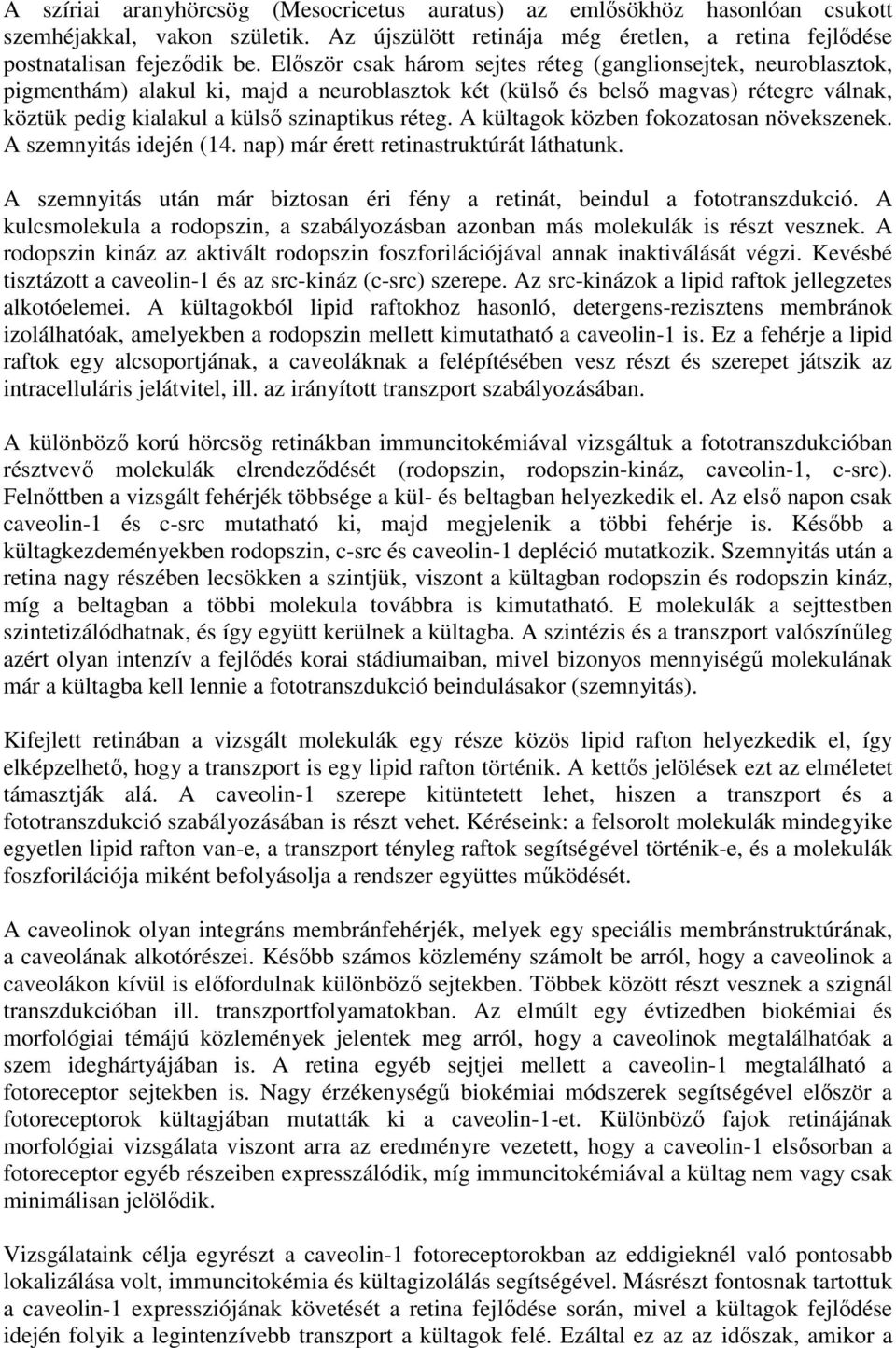 A kültagok közben fokozatosan növekszenek. A szemnyitás idején (14. nap) már érett retinastruktúrát láthatunk. A szemnyitás után már biztosan éri fény a retinát, beindul a fototranszdukció.