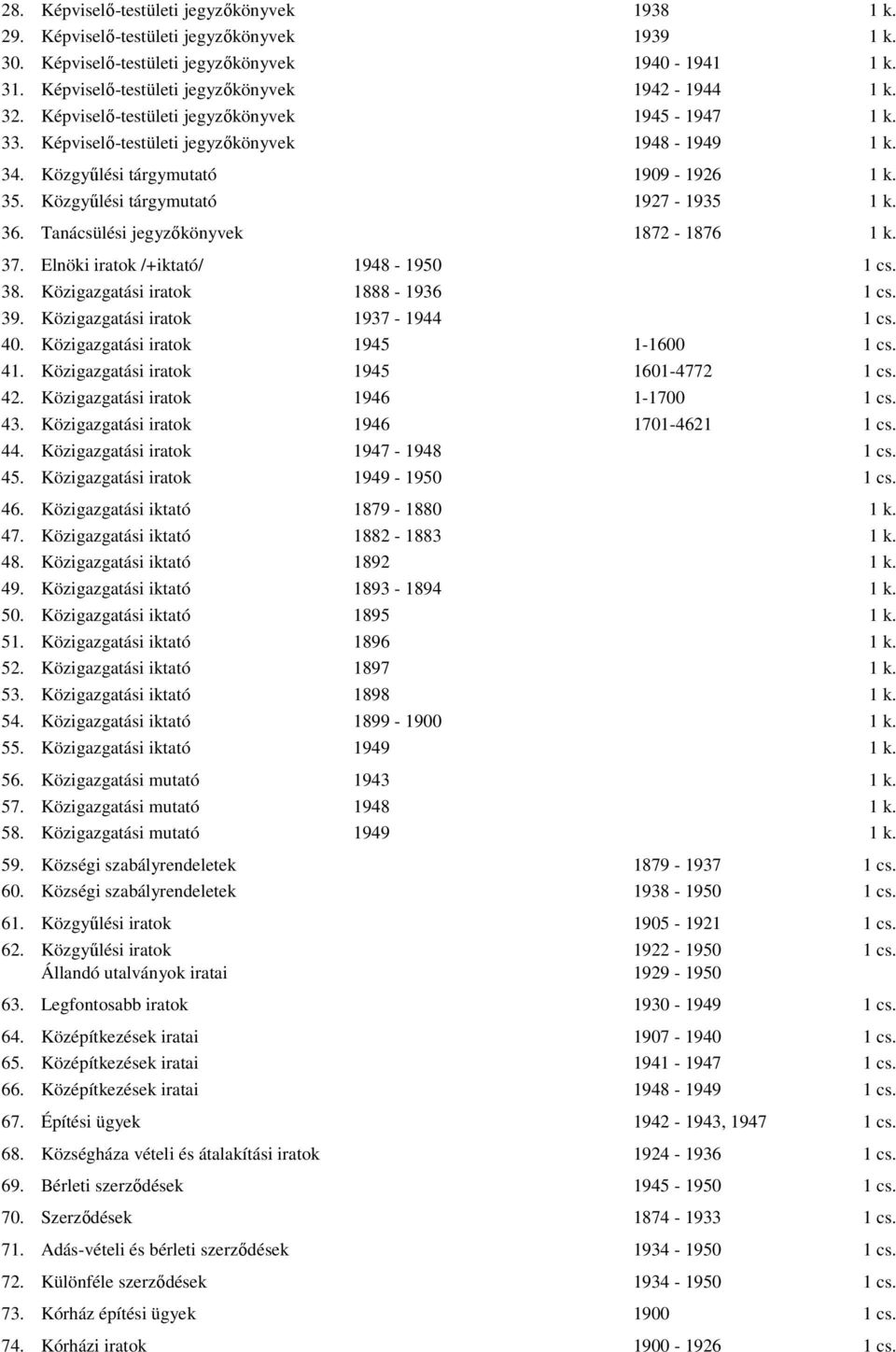 Közgyőlési tárgymutató 1927-1935 1 k. 36. Tanácsülési jegyzıkönyvek 1872-1876 1 k. 37. Elnöki iratok /+iktató/ 1948-1950 1 cs. 38. Közigazgatási iratok 1888-1936 1 cs. 39.