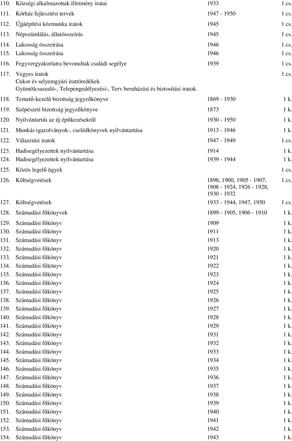 Cukor és selyemgyári irattöredékek Gyümölcsaszaló-, Telepengedélyezési-, Terv beruházási és biztosítási iratok. 118. Temetı-kezelı bizottság jegyzıkönyve 1869-1930 1 k. 119.