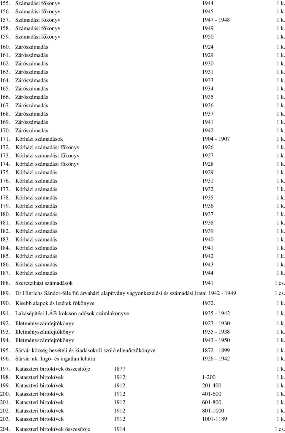 Zárószámadás 1937 1 k. 169. Zárószámadás 1941 1 k. 170. Zárószámadás 1942 1 k. 171. Kórházi számadások 1904-1907 1 k. 172. Kórházi számadási fıkönyv 1926 1 k. 173. Kórházi számadási fıkönyv 1927 1 k.