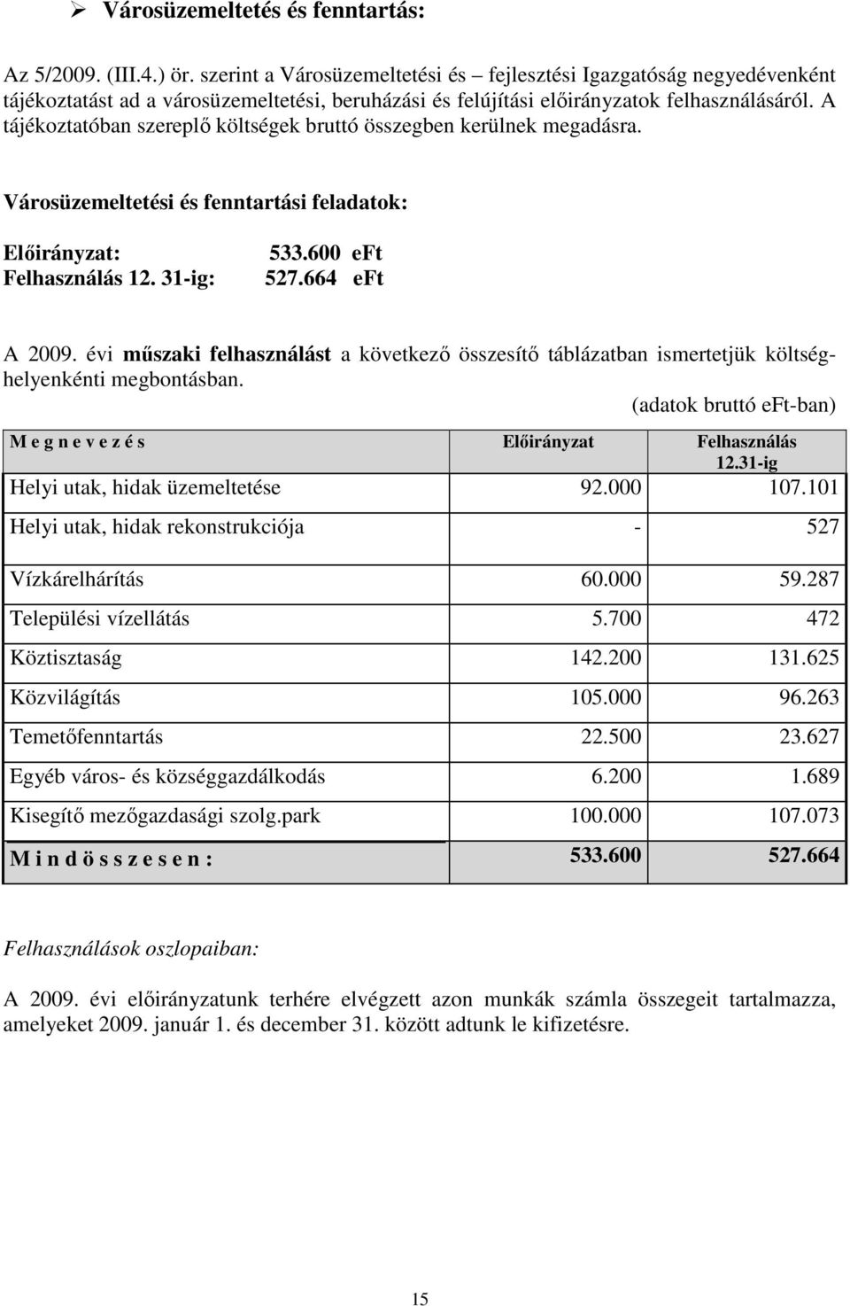 A tájékoztatóban szereplı költségek bruttó összegben kerülnek megadásra. Városüzemeltetési és fenntartási feladatok: Elıirányzat: Felhasználás 12. 31-ig: 533.600 eft 527.664 eft A 2009.