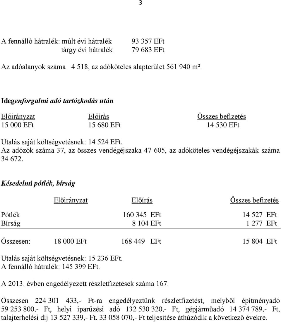 Az adózók száma 37, az összes vendégéjszaka 47 605, az adóköteles vendégéjszakák száma 34 672.