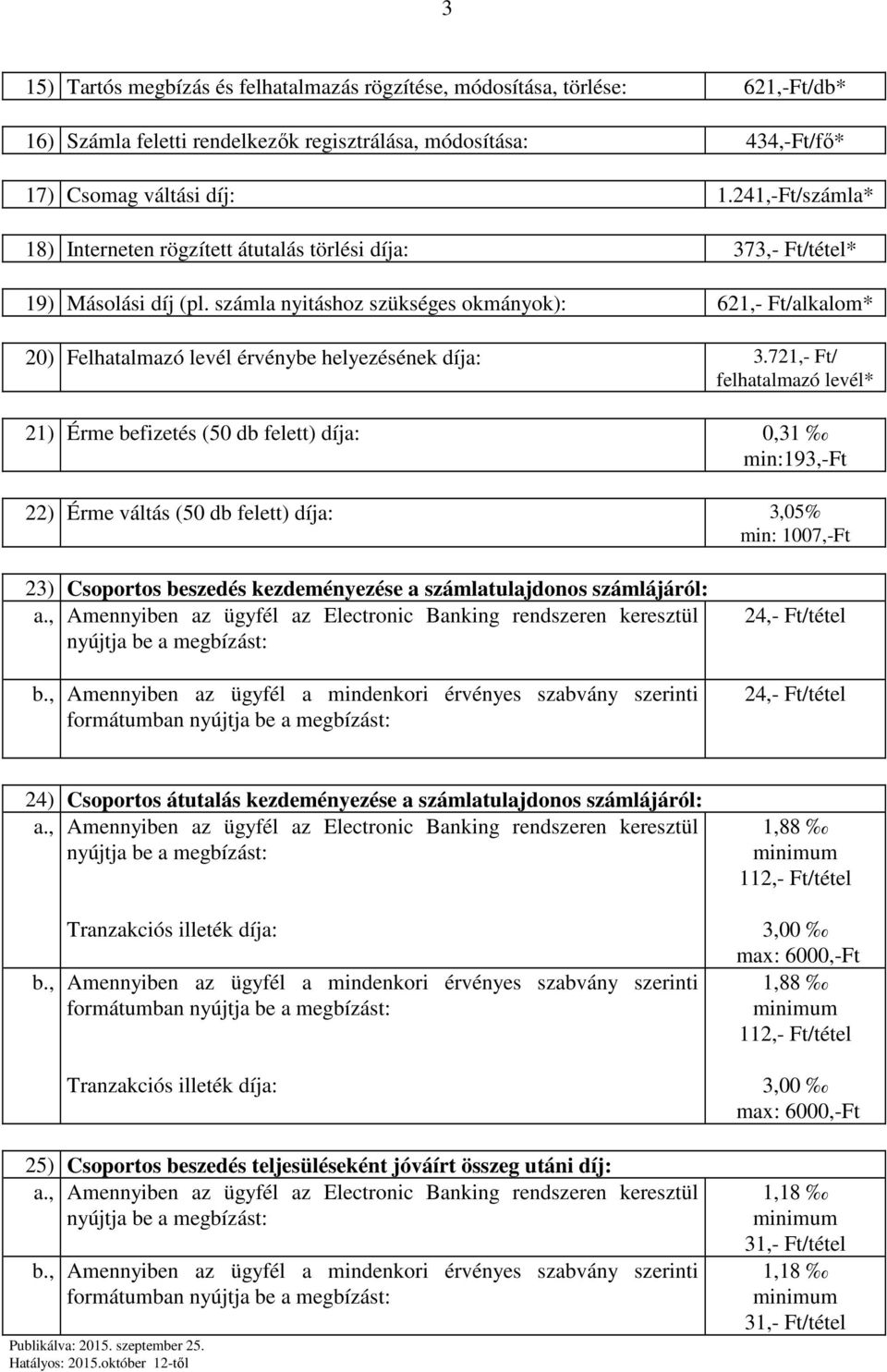 számla nyitáshoz szükséges okmányok): 621,- Ft/alkalom* 20) Felhatalmazó levél érvénybe helyezésének díja: 3.