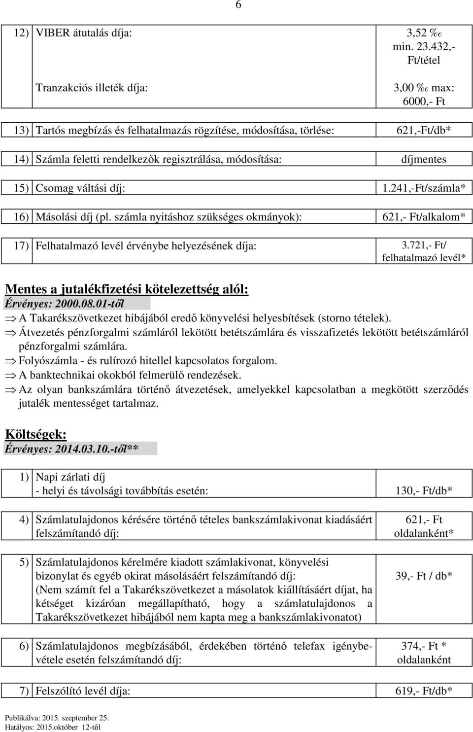 241,-Ft/számla* 16) Másolási díj (pl. számla nyitáshoz szükséges okmányok): 621,- Ft/alkalom* 17) Felhatalmazó levél érvénybe helyezésének díja: 3.