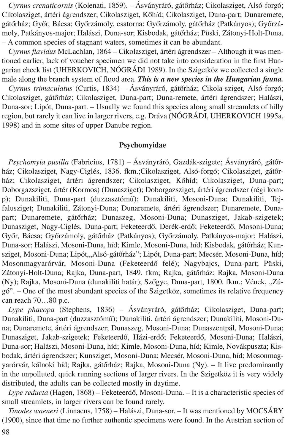 gátõrház (Patkányos); Gyõrzámoly, Patkányos-major; Halászi, Duna-sor; Kisbodak, gátõrház; Püski, Zátonyi-Holt-Duna. A common species of stagnant waters, sometimes it can be abundant.