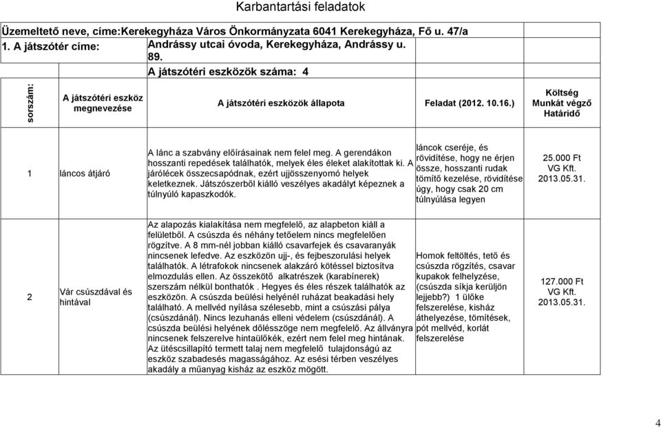 ) Költség Munkát végző Határidő 1 láncos átjáró láncok cseréje, és A lánc a szabvány előírásainak nem felel meg.