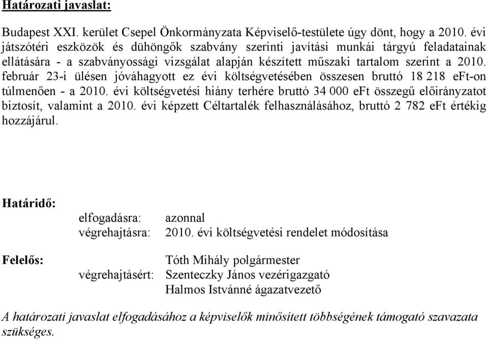 február 23-i ülésen jóváhagyott ez évi költségvetésében összesen bruttó 18 218 eft-on túlmenően - a 2010.