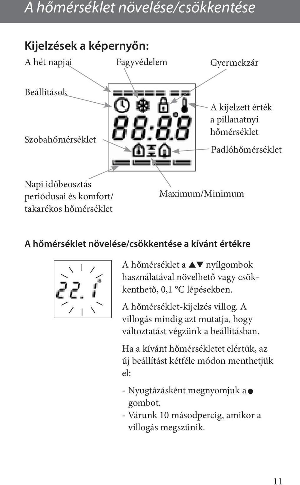 nyílgombok használatával növelhető vagy csökkenthető, 0,1 C lépésekben. A hőmérséklet-kijelzés villog.