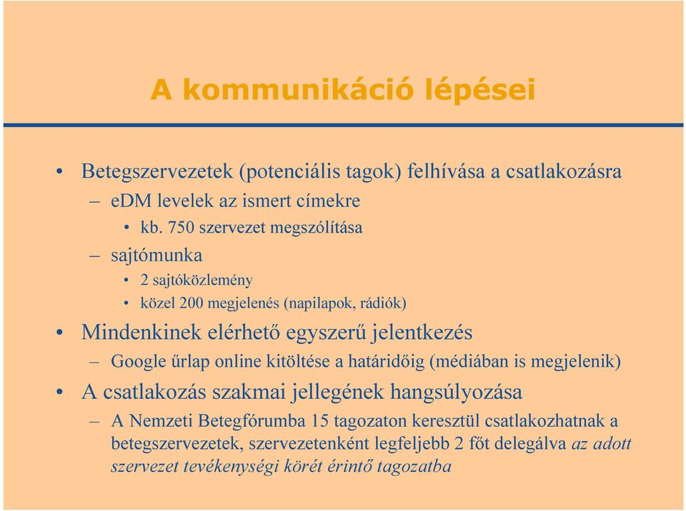 Google űrlap online kitöltése a határidőig (médiában is megjelenik) A csatlakozás szakmai jellegének hangsúlyozása A Nemzeti Betegfórumba