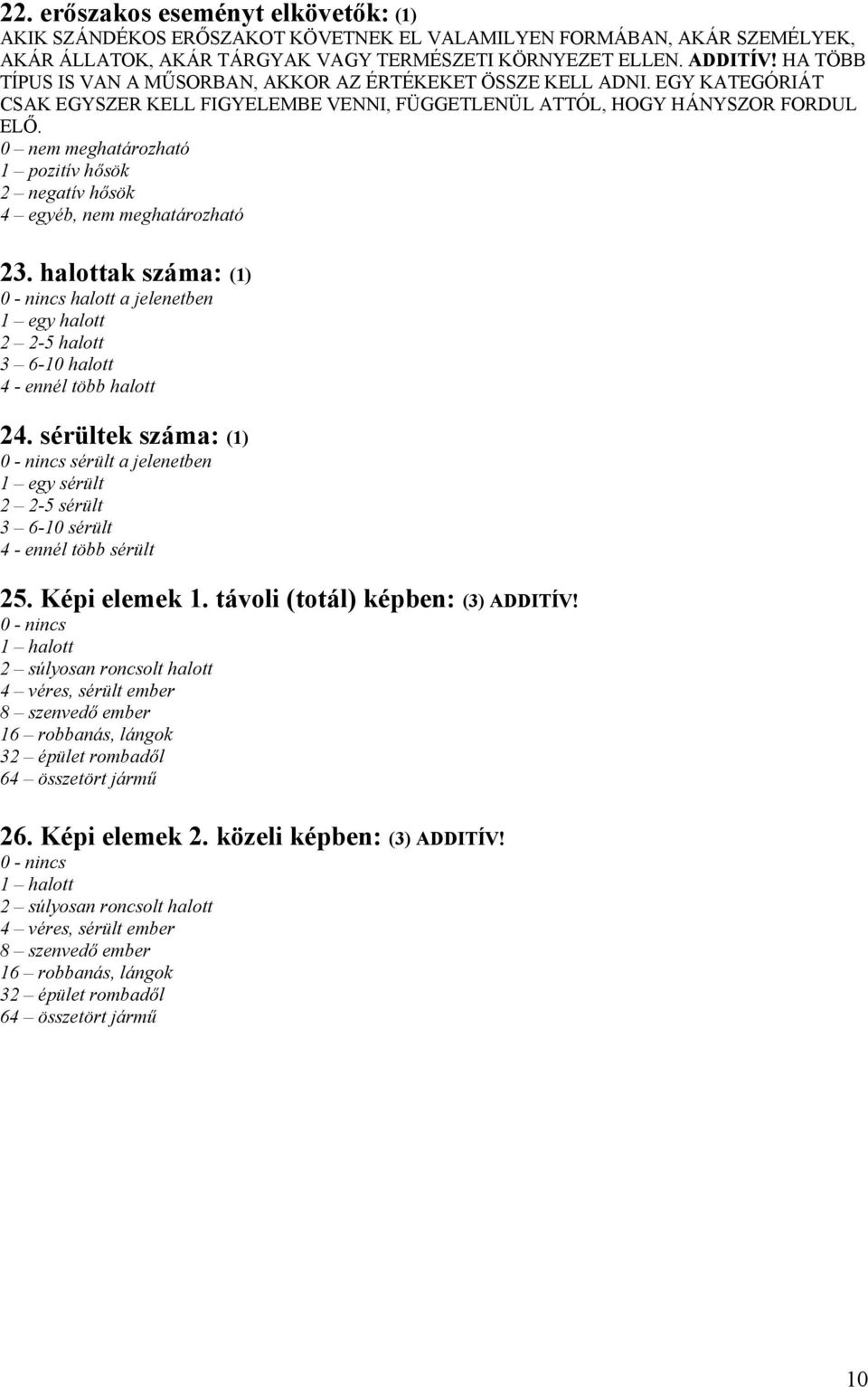 0 nem meghatározható 1 pozitív hősök 2 negatív hősök 4 egyéb, nem meghatározható 23. halottak száma: (1) 0 - nincs halott a jelenetben 1 egy halott 2 2-5 halott 3 6-10 halott 4 - ennél több halott 24.