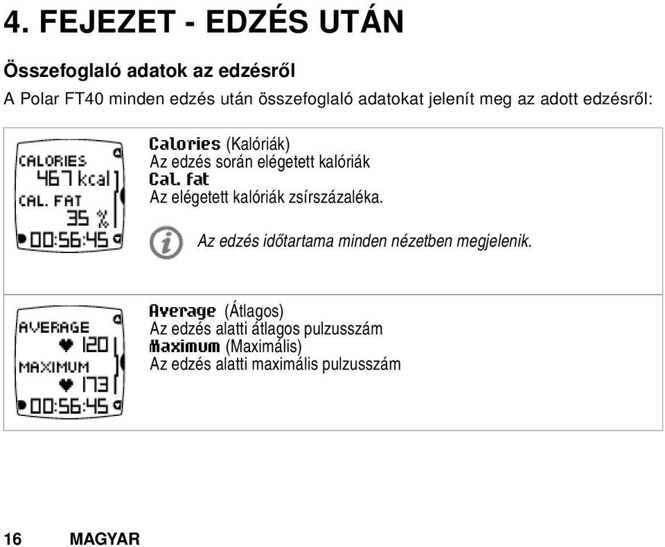 fat Az elégetett kalóriák zsírszázaléka. Az edzés időtartama minden nézetben megjelenik.