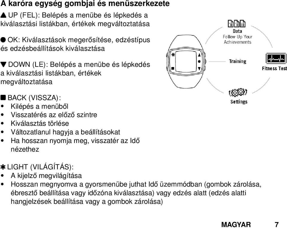 szintre Kiválasztás törlése Változatlanul hagyja a beállításokat Ha hosszan nyomja meg, visszatér az Idő nézethez LIGHT (VILÁGÍTÁS): A kijelző megvilágítása Hosszan megnyomva a