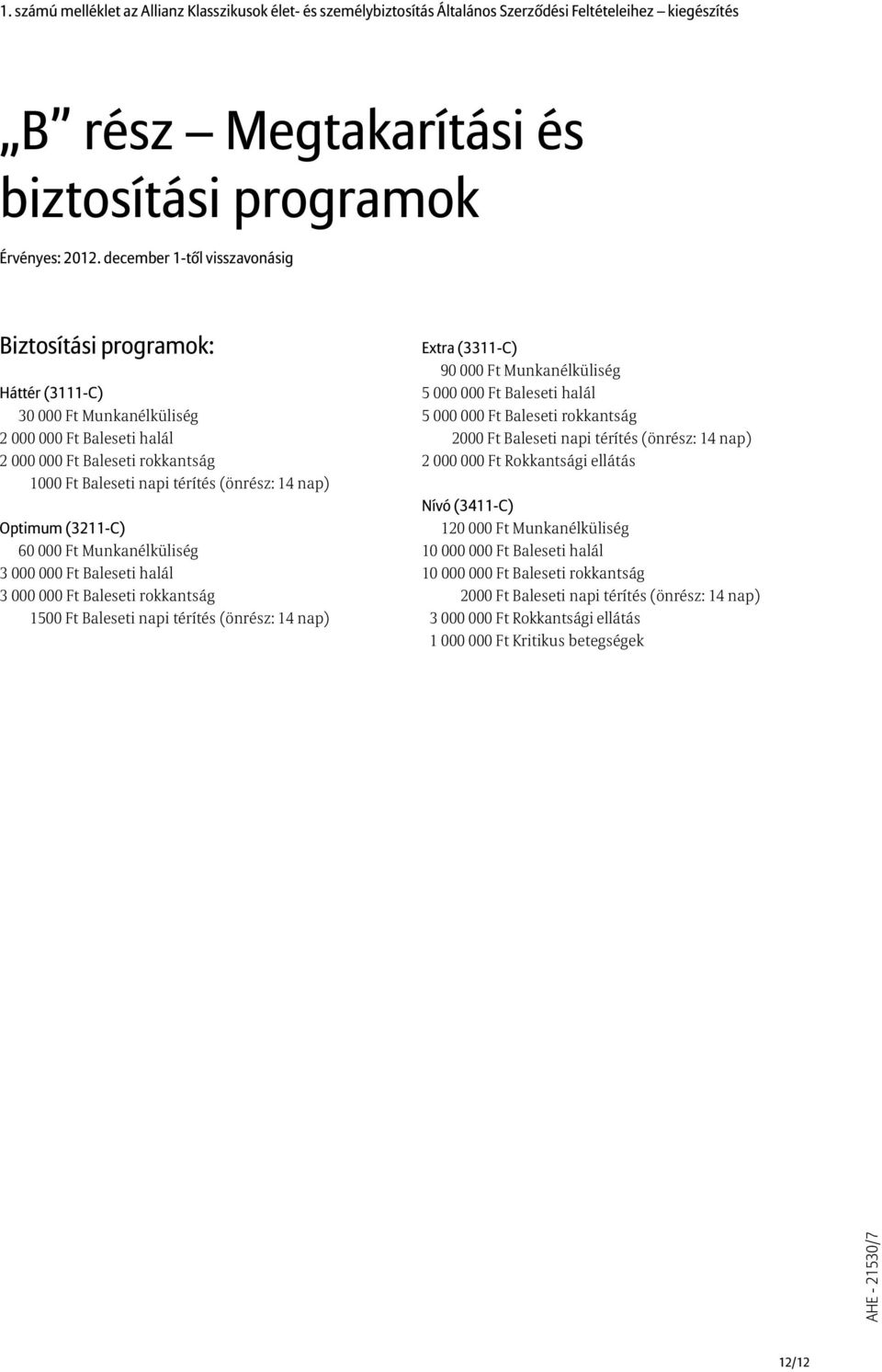 nap) Optimum (3211-C) 60 000 Ft Munkanélküliség 3 000 000 Ft Baleseti halál 3 000 000 Ft Baleseti rokkantság 1500 Ft Baleseti napi térítés (önrész: 14 nap) Extra (3311-C) 90 000 Ft Munkanélküliség 5