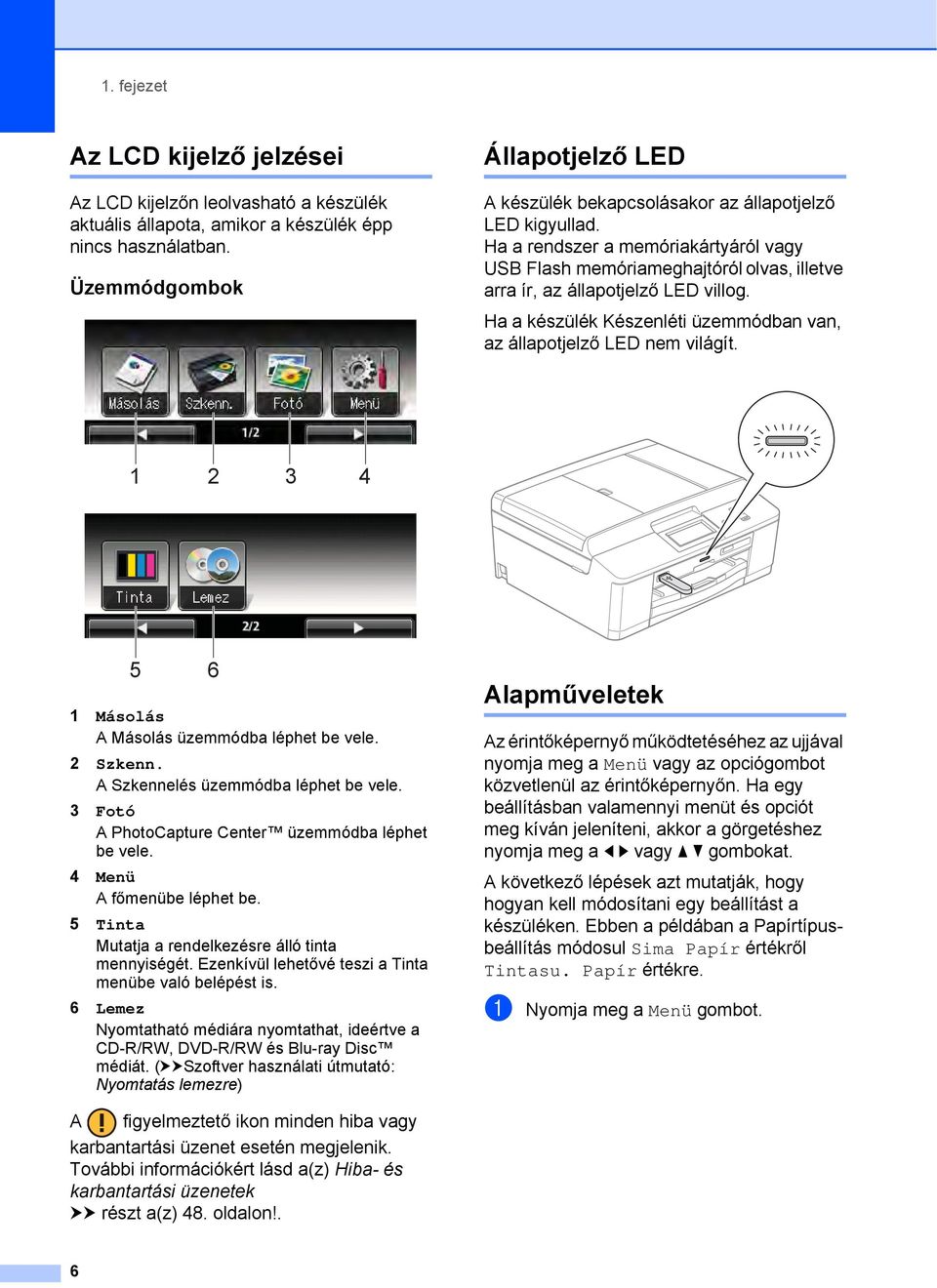 Ha a rendszer a memóriakártyáról vagy USB Flash memóriameghajtóról olvas, illetve arra ír, az állapotjelző LED villog. Ha a készülék Készenléti üzemmódban van, az állapotjelző LED nem világít.