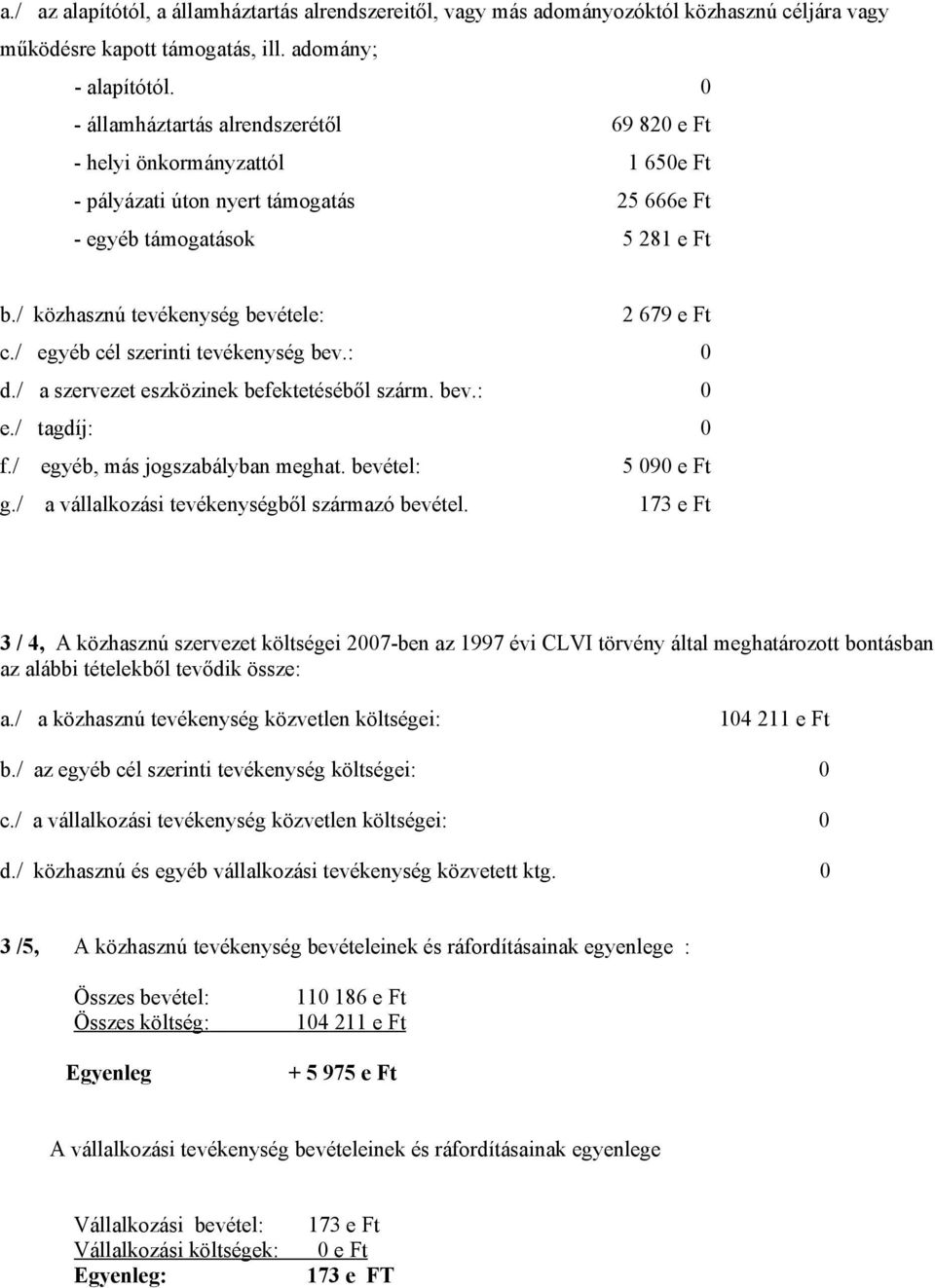 / közhasznú tevékenység bevétele: 2 679 e Ft c./ egyéb cél szerinti tevékenység bev.: 0 d./ a szervezet eszközinek befektetéséből szárm. bev.: 0 e./ tagdíj: 0 f./ egyéb, más jogszabályban meghat.