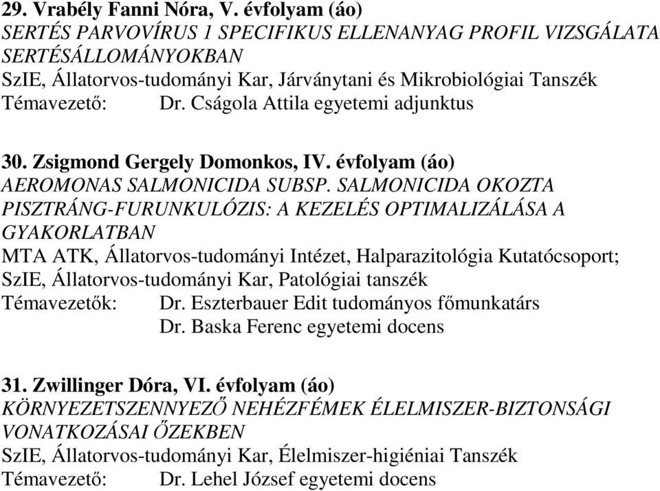 Cságola Attila egyetemi adjunktus 30. Zsigmond Gergely Domonkos, IV. évfolyam (áo) AEROMONAS SALMONICIDA SUBSP.