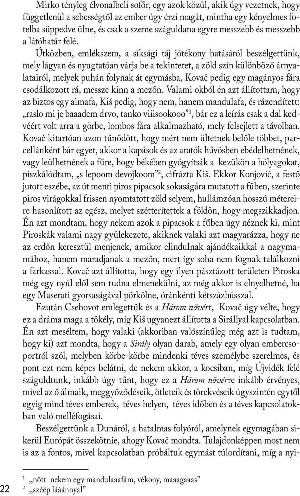 Útközben, emlékszem, a síksági táj jótékony hatásáról beszélgettünk, mely lágyan és nyugtatóan várja be a tekintetet, a zöld szín különböző árnyalatairól, melyek puhán folynak át egymásba, Kovač