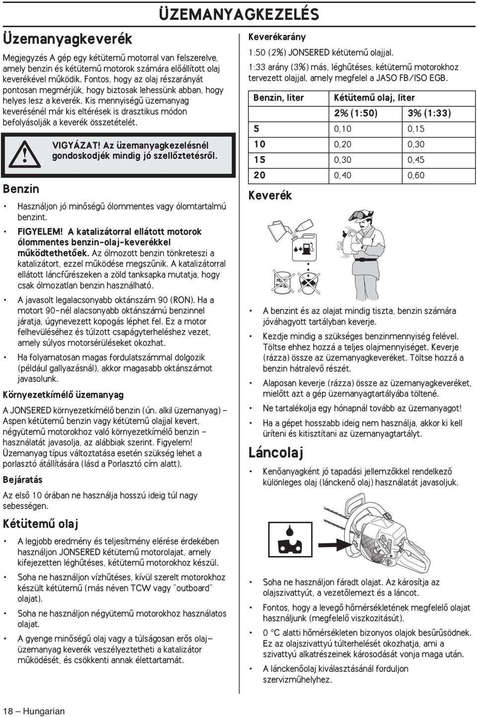 Kis mennyiségı üzemanyag keverésénél már kis eltérések is drasztikus módon befolyásolják a keverék összetételét. VIGYÁZAT Az üzemanyagkezelésnél gondoskodjék mindig jó szellœztetésrœl.