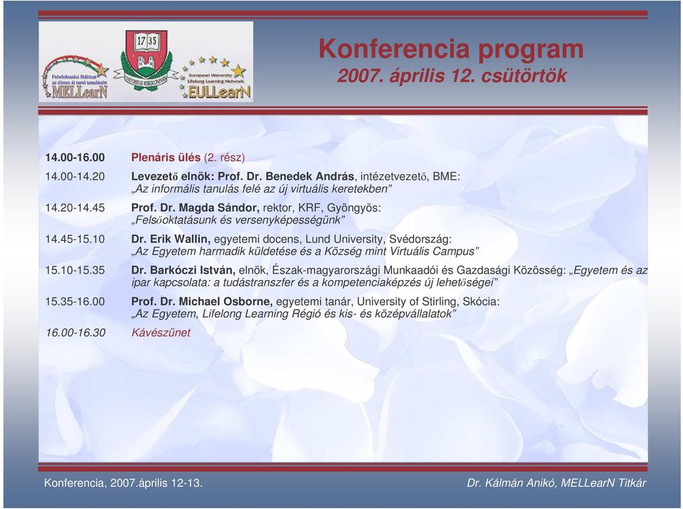 10 Dr. Erik Wallin, egyetemi docens, Lund University, Svédország: Az Egyetem harmadik küldetése és a Község mint Virtuális Campus 15.10-15.35 Dr.