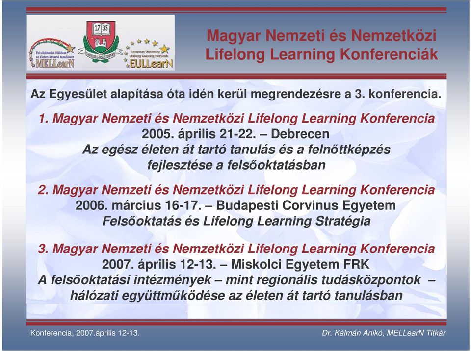 Debrecen Az egész életen át tartó tanulás és a felnttképzés fejlesztése a felsoktatásban 2. Magyar Nemzeti és Nemzetközi Lifelong Learning Konferencia 2006.