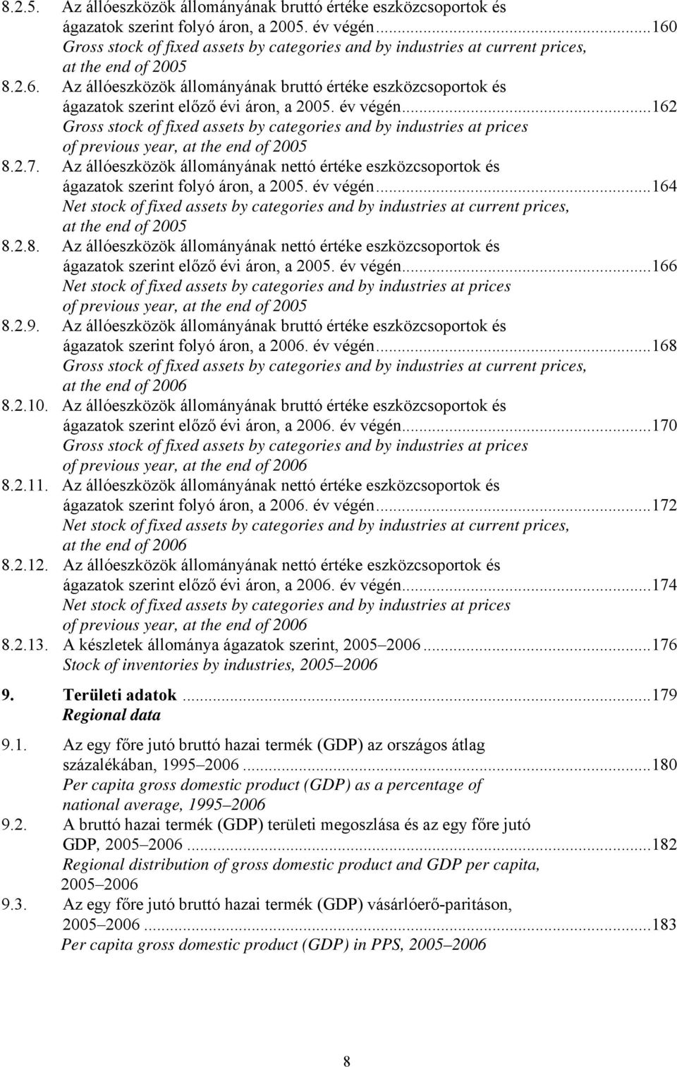 év végén...162 Gross stock of fixed assets by categories and by industries at prices of previous year, at the end of 2005 8.2.7.