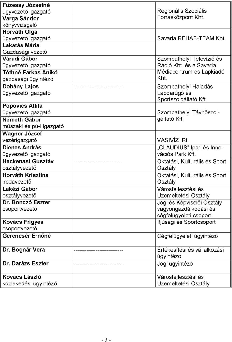 és a Savaria Médiacentrum és Lapkiadó Kht. --------------------------- Szombathelyi Haladás Labdarúgó és Sportszolgáltató Kft. gáltató Kft. VASIVÍZ Rt. CLAUDIUS Ipari és Innovációs Park Kft.