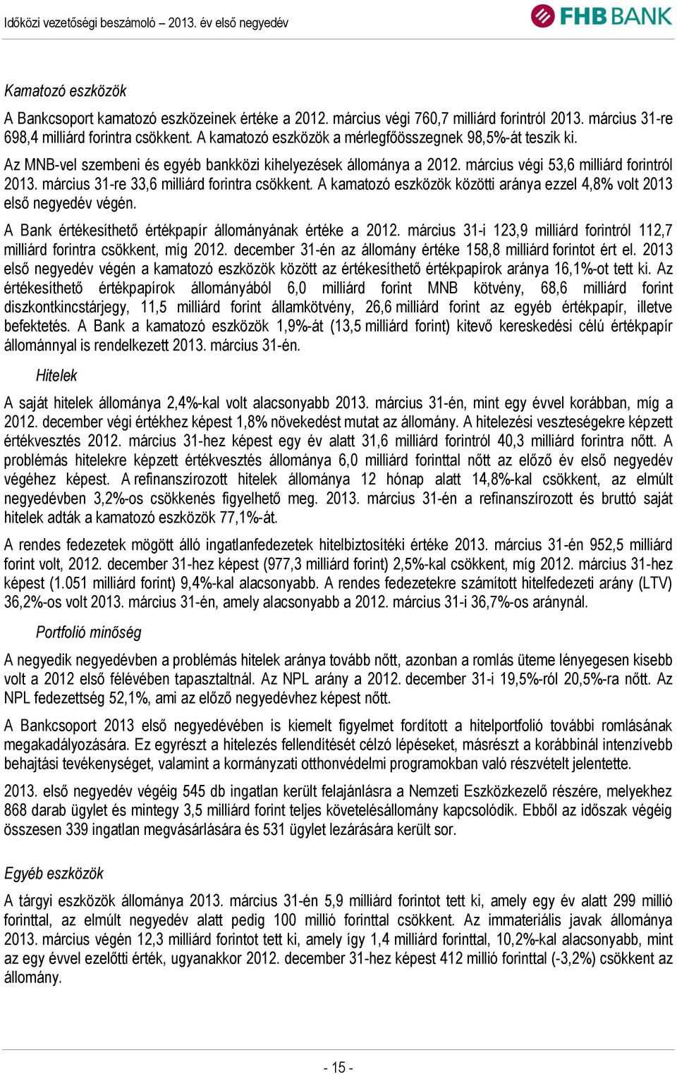 március 31-re 33,6 milliárd forintra csökkent. A kamatozó eszközök közötti aránya ezzel 4,8% volt 2013 első negyedév végén. A Bank értékesíthető értékpapír állományának értéke a 2012.