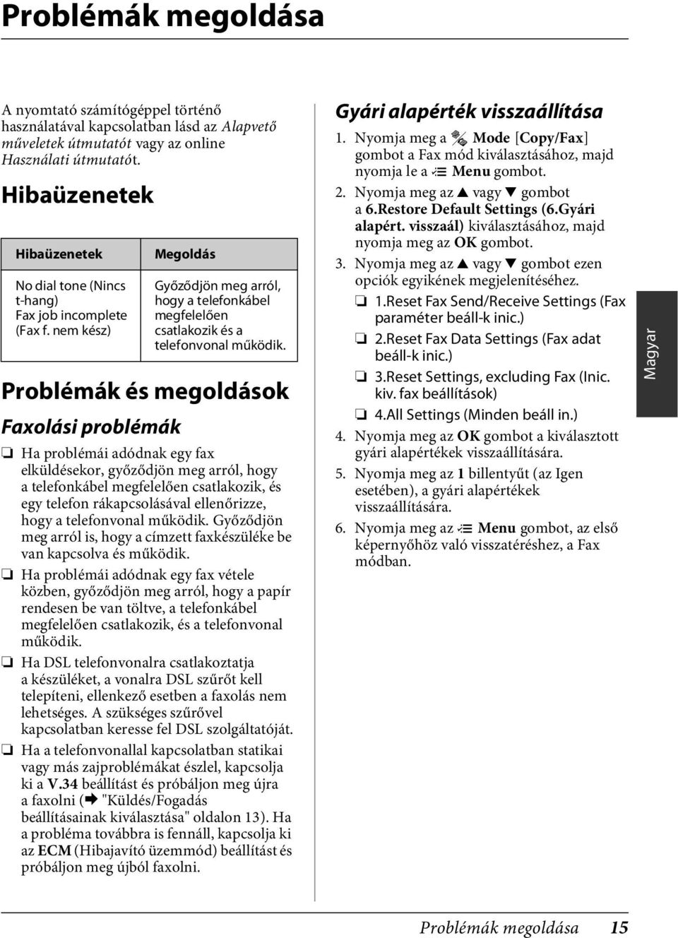 nem kész) Problémák és megoldások Faxolási problémák Megoldás Győződjön meg arról, hogy a telefonkábel megfelelően csatlakozik és a telefonvonal működik.