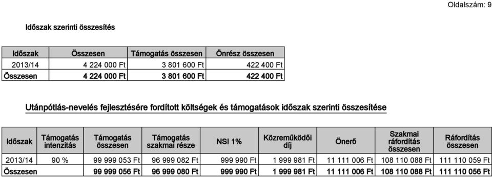 Támogatás Támogatás szakmai része NSI 1% Közreműködői díj Önerő Szakmai ráfordítás Ráfordítás 2013/14 90 % 99 999 053 Ft 96 999 082 Ft 999 990 Ft 1