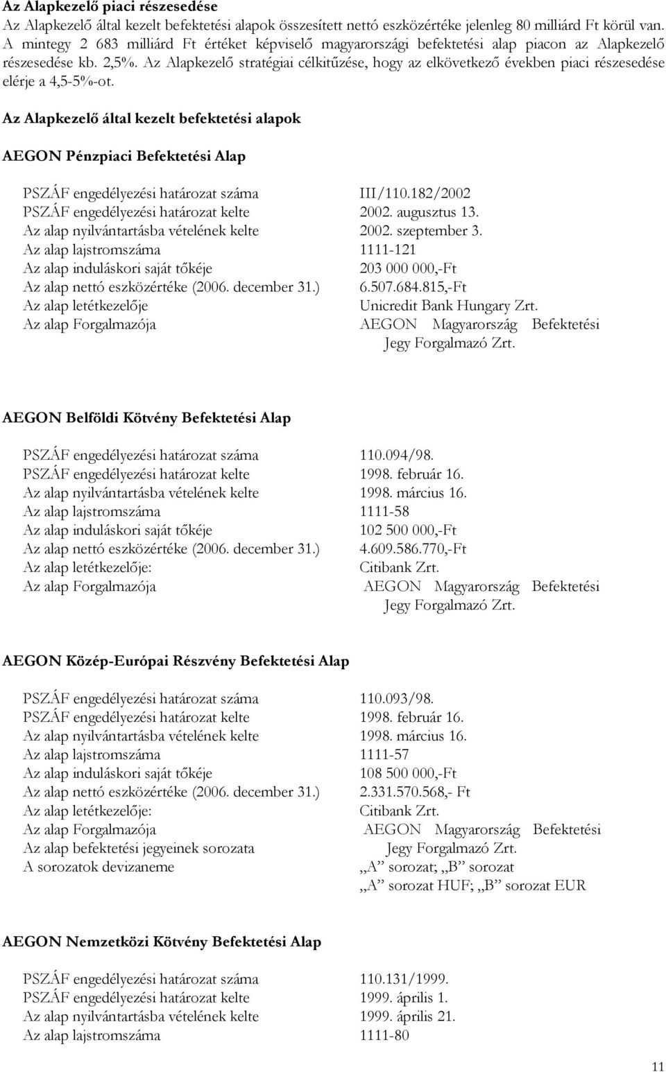 Az Alapkezelı stratégiai célkitőzése, hogy az elkövetkezı években piaci részesedése elérje a 4,5-5%-ot.