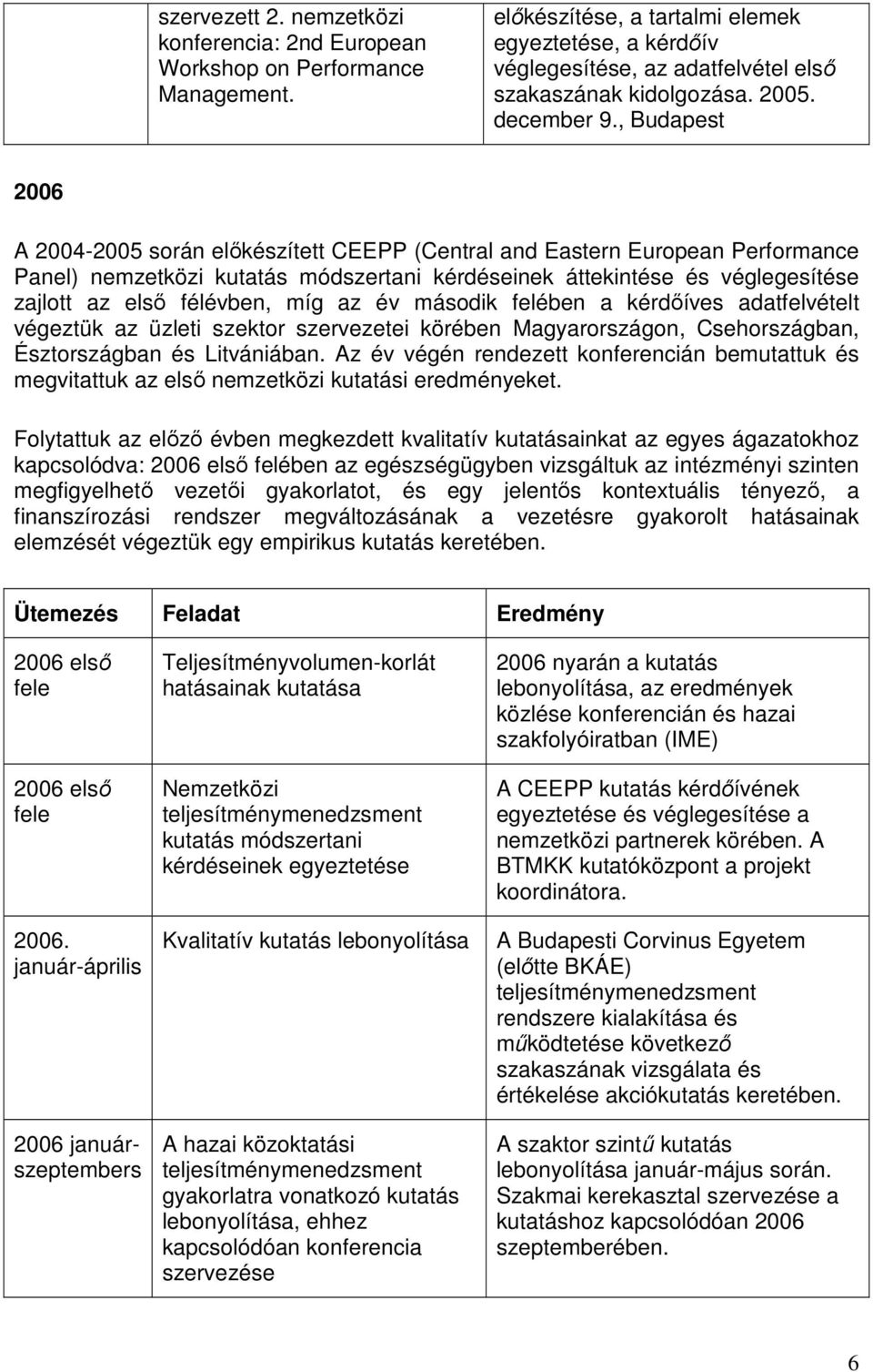 , Budapest 2006 A 2004- során előkészített CEEPP (Central and Eastern European Performance Panel) nemzetközi kutatás módszertani kérdéseinek áttekintése és véglegesítése zajlott az első félévben, míg