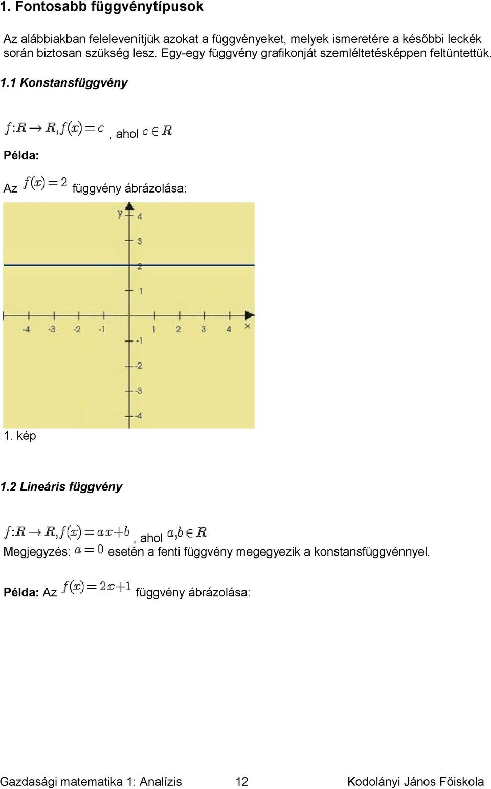 feltüntettük 11 Konstansfüggvény, ahol Példa: Az függvény ábrázolása: 1 kép 12 Lineáris függvény
