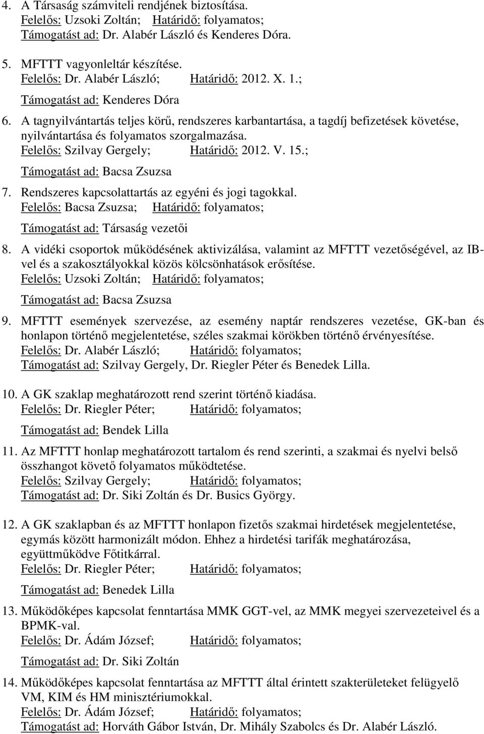 Felelős: Szilvay Gergely; Határidő: 2012. V. 15.; Támogatást ad: Bacsa Zsuzsa 7. Rendszeres kapcsolattartás az egyéni és jogi tagokkal.