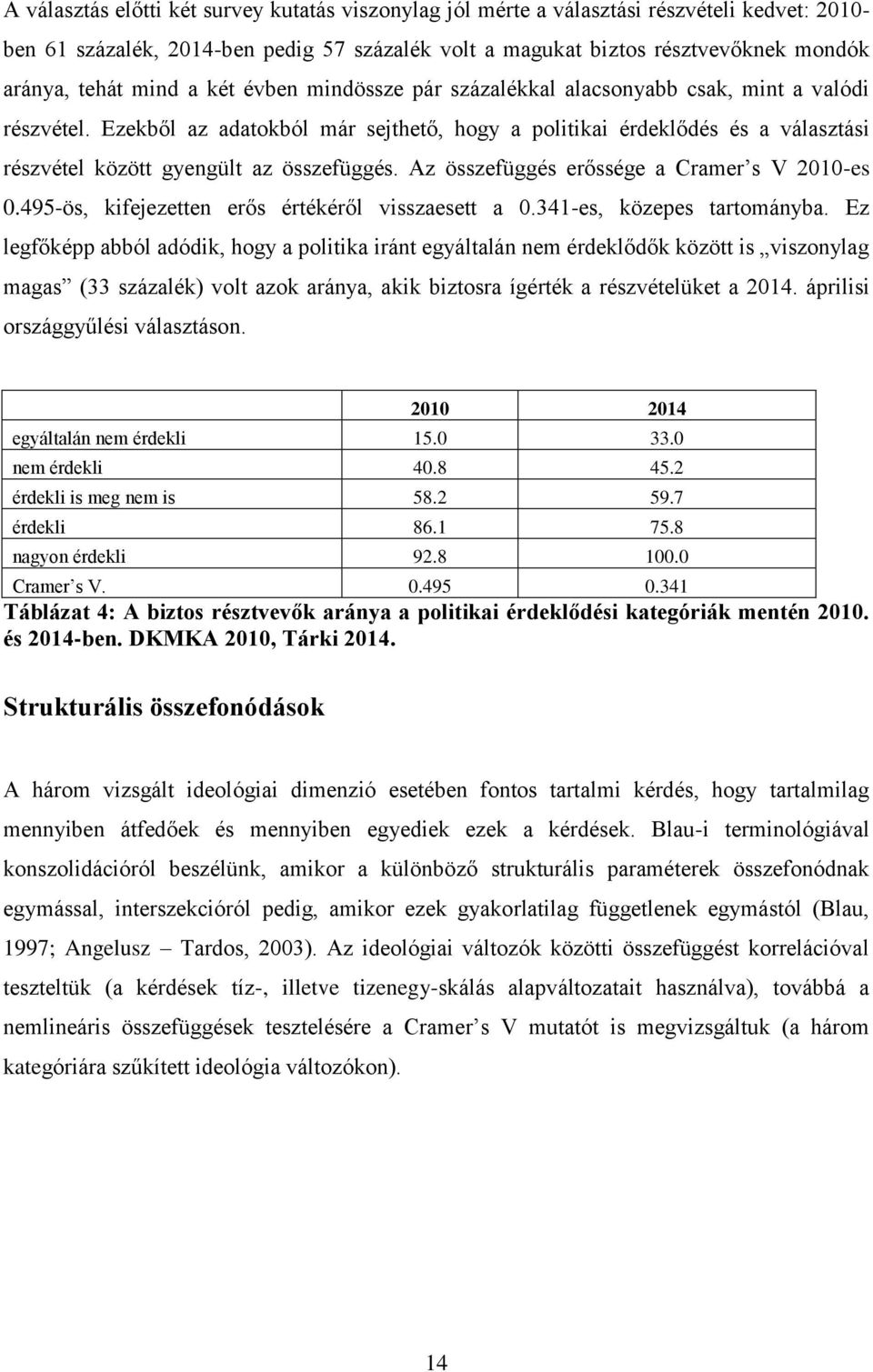 Ezekből az adatokból már sejthető, hogy a politikai érdeklődés és a választási részvétel között gyengült az összefüggés. Az összefüggés erőssége a Cramer s V 2010-es 0.