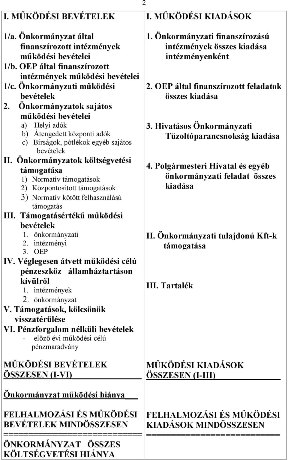 Önkormányzatok költségvetési támogatása 1) Normatív támogatások 2) Központosított támogatások 3) Normatív kötött felhasználású támogatás III. Támogatásértékű működési 1. önkormányzati 2. intézményi 3.