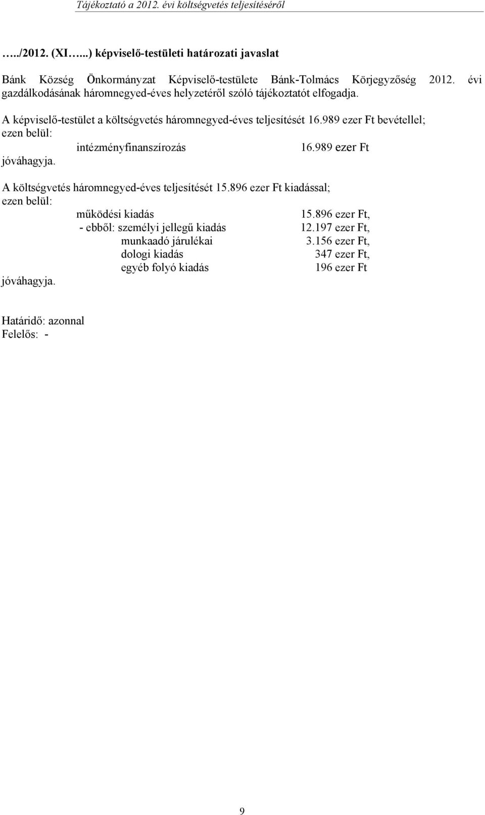 989 ezer Ft bevétellel; ezen belül: intézményfinanszírozás 16.989 ezer Ft jóváhagyja. A költségvetés háromnegyed-éves teljesítését 15.