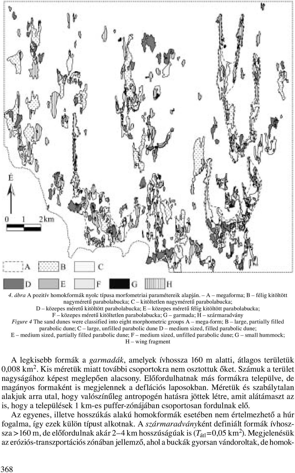 méretű kitöltetlen parabolabucka; G garmada; H szármaradvány Figure 4 The sand dunes were classified into eight morphometric groups A mega-form; B large, partially filled parabolic dune; C large,