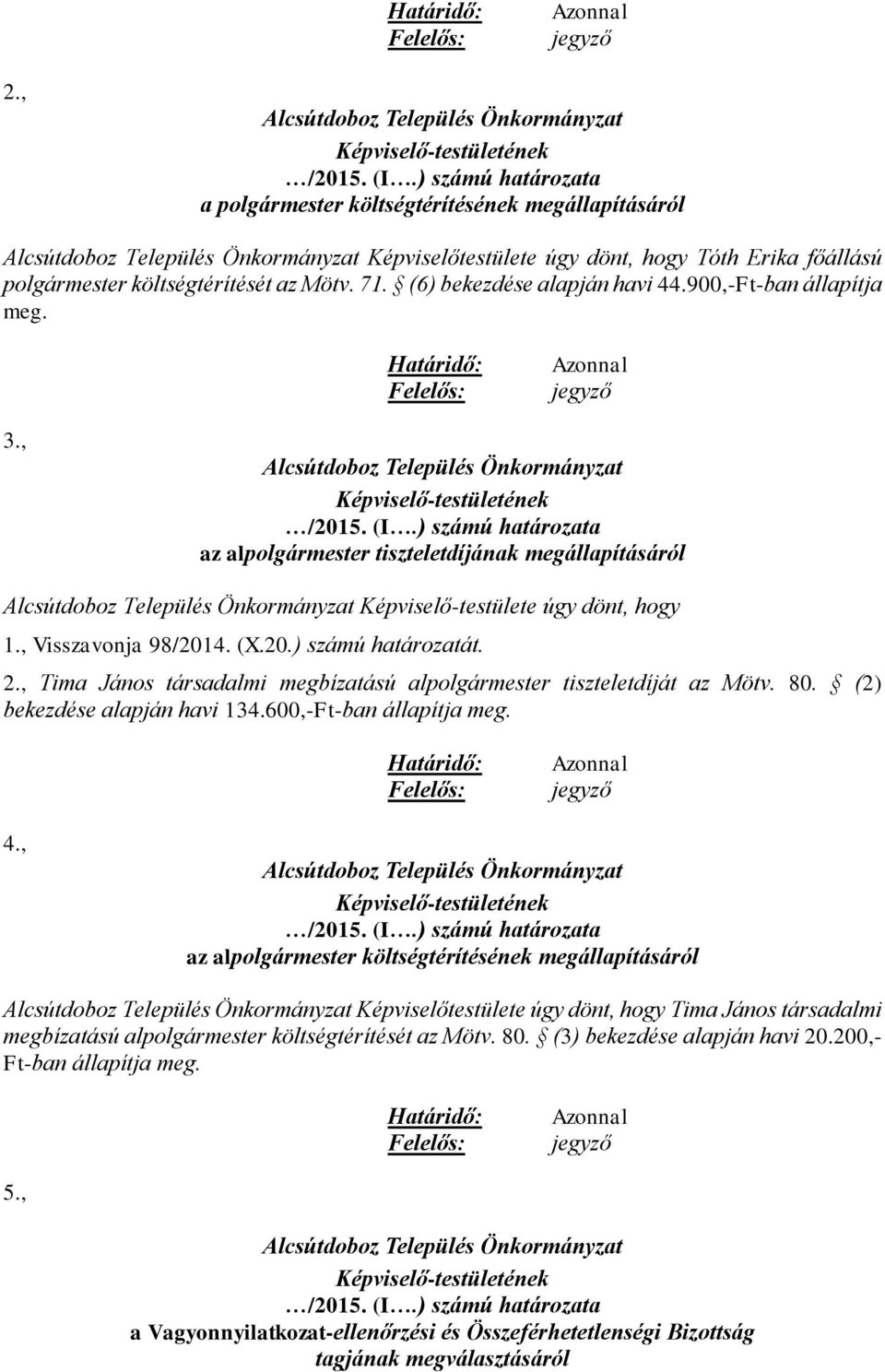 , Tima János társadalmi megbízatású alpolgármester tiszteletdíját az Mötv. 80. (2) bekezdése alapján havi 134.600,-Ft-ban állapítja meg. 4.