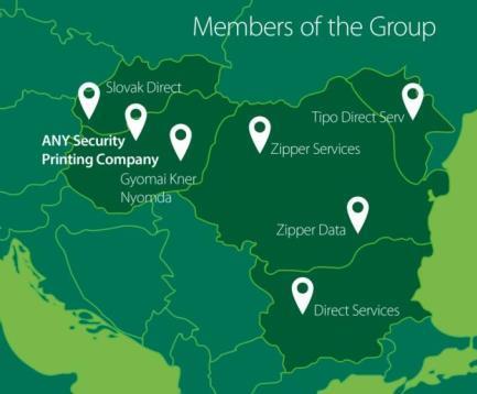 ANY Biztonsági Nyomda csoport főbb adatai ANY Csoport: Magyarország, Románia, Bulgária, Szlovákia, Moldova CEE régió vezető